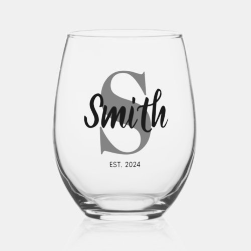 Personalized Grey and Black Family Monogram Stemless Wine Glass