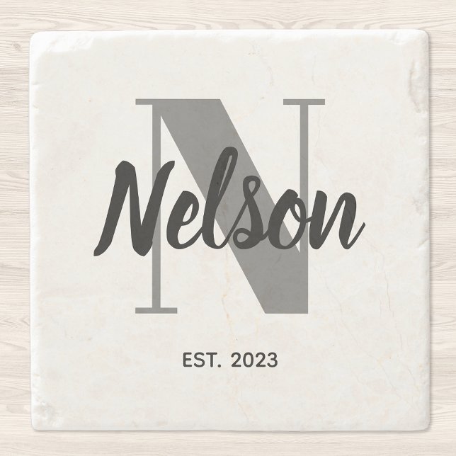 Personalized Grey and Black Family Monogram Stone Coaster (Creator Uploaded)