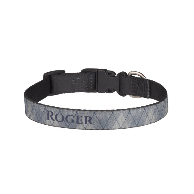 Personalized Grey and Blue Argyle Look Pet Collar (Front)