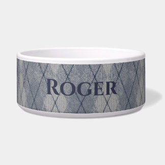 Personalized Grey and Blue Argyle Look Pet Food Bowl