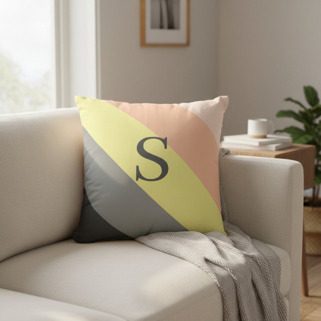 Personalized Grey and Peach Striped Monogram Throw Pillow (Creator Uploaded)