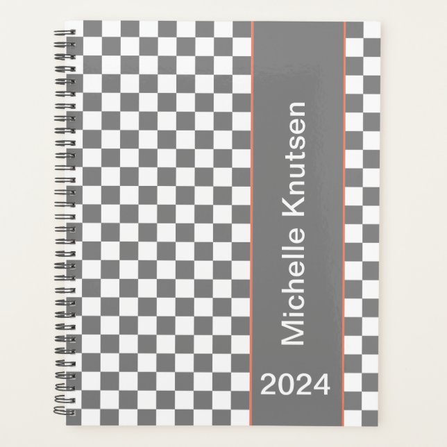 Personalized grey and white Checkered 2024 Planner (Front)