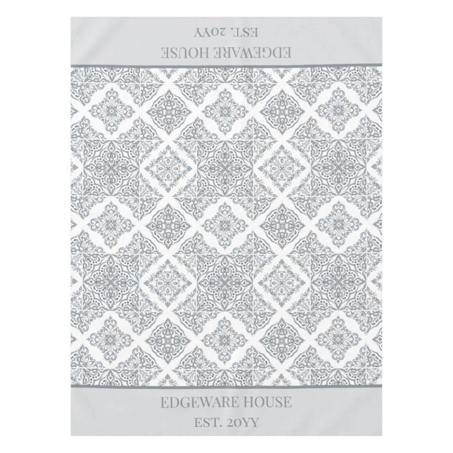 Personalized Grey and White Spanish Tiles Pattern Tablecloth (Front)