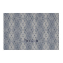 Personalized Grey & Blue Argyle Look Dog Food Mat