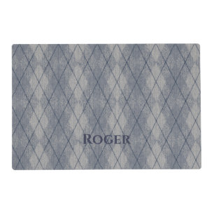 Personalized Grey & Blue Argyle Look Dog Food Mat
