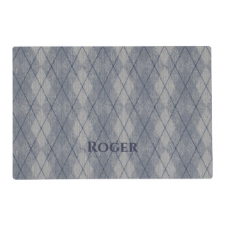 Personalized Grey & Blue Argyle Look Dog Food Mat