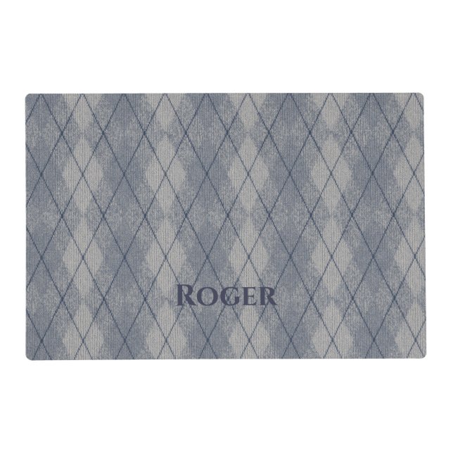 Personalized Grey & Blue Argyle Look Dog Food Mat (Front)