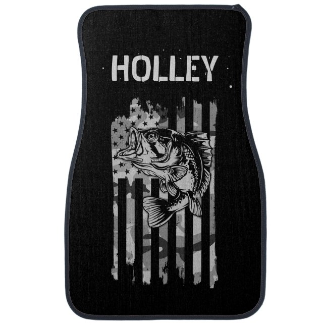 Personalized Grey Camouflage USA Flag Bass Fishing Car Floor Mat (Front)