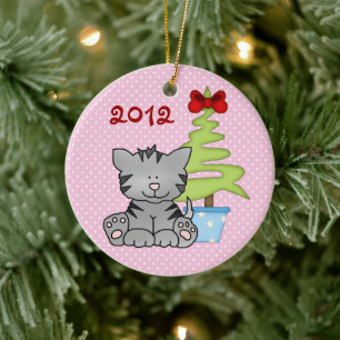 Personalized Grey Cat on Pink Baby's 1st Christmas Ceramic Ornament