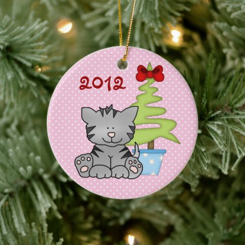 Personalized Grey Cat on Pink Babys 1st Christmas Ceramic Ornament