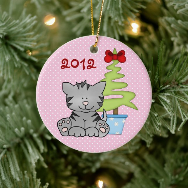 Personalized Grey Cat on Pink Baby's 1st Christmas Ceramic Ornament (Tree)