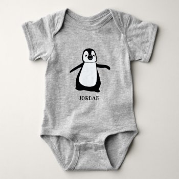 Personalized Grey Cute Penguin Illustration Baby Baby Bodysuit by Lorena_Depante at Zazzle