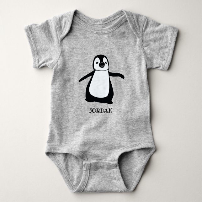 Personalized grey cute penguin illustration baby baby bodysuit (Front)