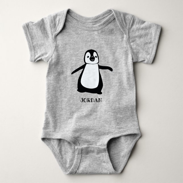 Personalized grey cute penguin illustration baby bodysuit (Front)