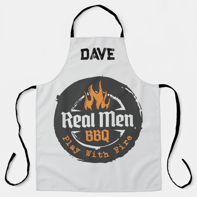 Personalized Grey Flames Real Men BBQ Grill Apron (Front)