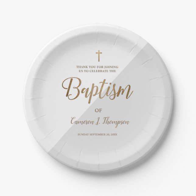 Personalized Grey Gold Cross Baby Baptism Paper Plates (Front)