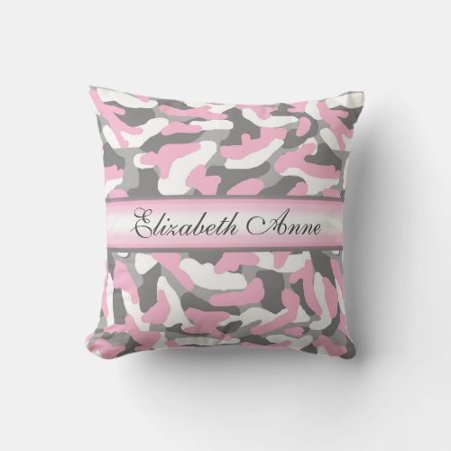 Personalized Grey Gray Pink Camo Camouflage Throw Pillow