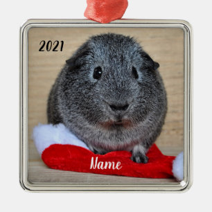 Personalized Grey Guinea Pig Santa Hat Metal Ornament