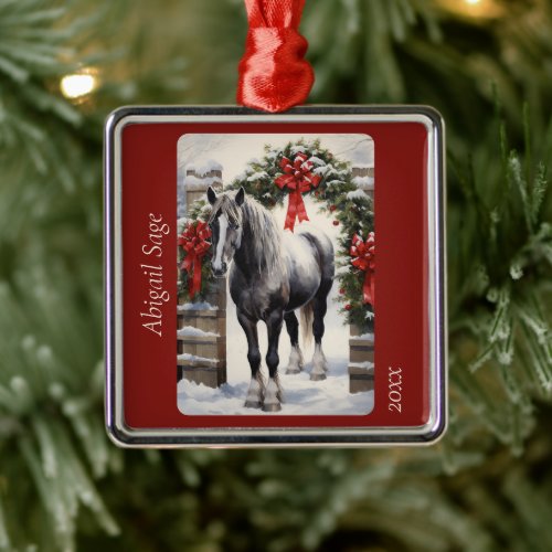 Personalized Grey Horse Winter Garland Christmas Metal Ornament