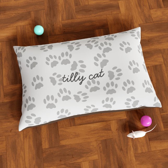 Personalized Grey Paw Print Cat Bed (A gray paw print pattern pet bed with space for your cat's name)