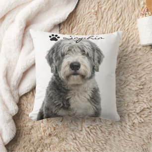 Personalized Grey Sheepdog Dog Photo Throw Pillow