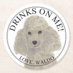 Personalized Grey Silver Poodle Dog Wedding Round Paper Coaster