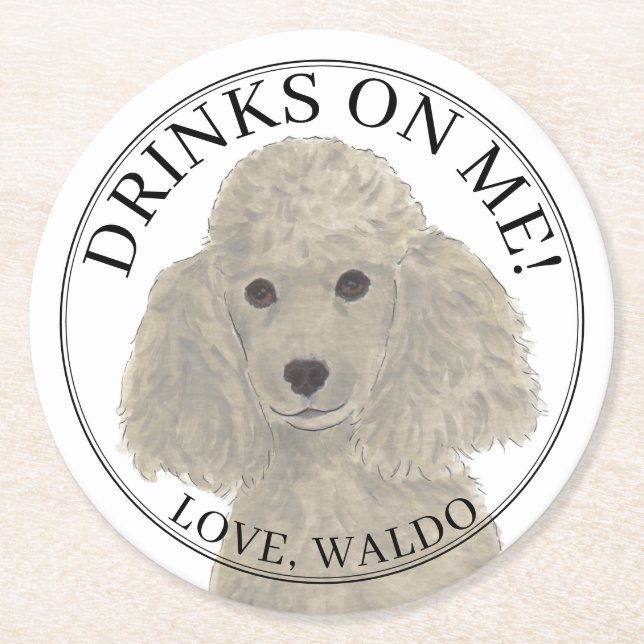 Personalized Grey Silver Poodle Dog Wedding Round Paper Coaster (Front)