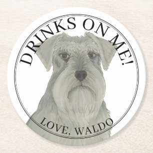 Personalized Grey Silver Schnauzer Dog Wedding Round Paper Coaster