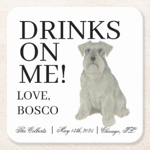 Personalized Grey Silver Schnauzer Dog Wedding Square Paper Coaster