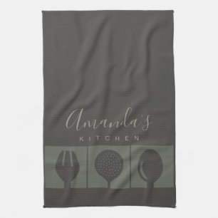 PERSONALIZED GREY SPOON FORK SKIMMER CHEF KITCHEN TOWEL