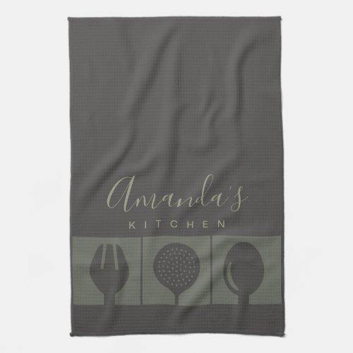 PERSONALIZED GREY SPOON FORK SKIMMER CHEF KITCHEN TOWEL