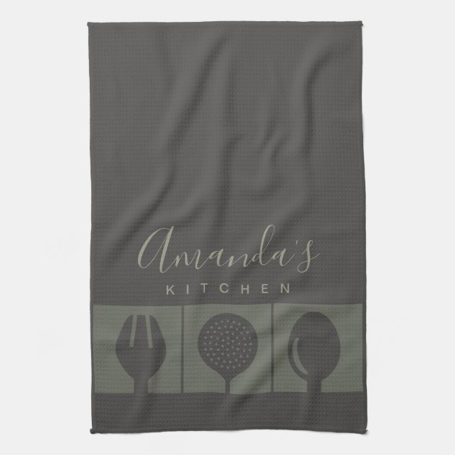 PERSONALIZED GREY SPOON FORK SKIMMER CHEF KITCHEN TOWEL (Vertical)