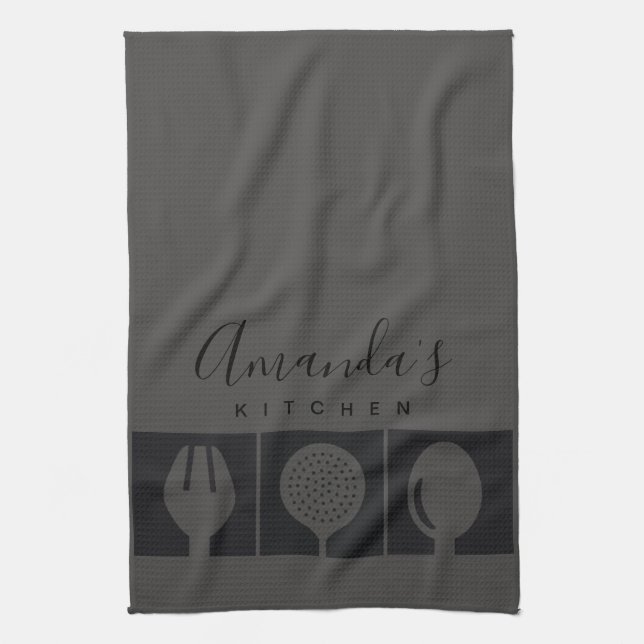 PERSONALIZED GREY SPOON FORK SKIMMER CHEF KITCHEN TOWEL (Vertical)