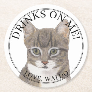 Personalized Grey Striped Tabby Cat Wedding Round Paper Coaster