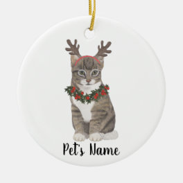 Personalized Grey Tabby Cat Holly Wreath & Antlers Ceramic Ornament