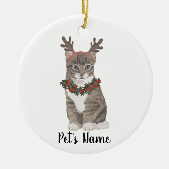 Personalized Grey Tabby Cat Holly Wreath & Antlers Ceramic Ornament (Front)