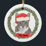 Personalized Grey Tabby Cat Santa Christmas Ceramic Ornament<br><div class="desc">Make the nice list this year with a personalized ornament of your sweet grey, white, and black striped tabby alley cat in a sweet little santa hat! Love this for tabby's first christmas, sympathy, housewarming, hostess, in-laws, for him, or other tough-to-shop-for occasions! For the sweetest gifts, pair it with a...</div>