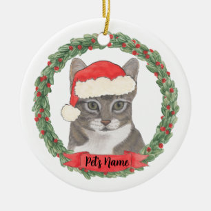Personalized Grey Tabby Cat Santa Christmas Ceramic Ornament