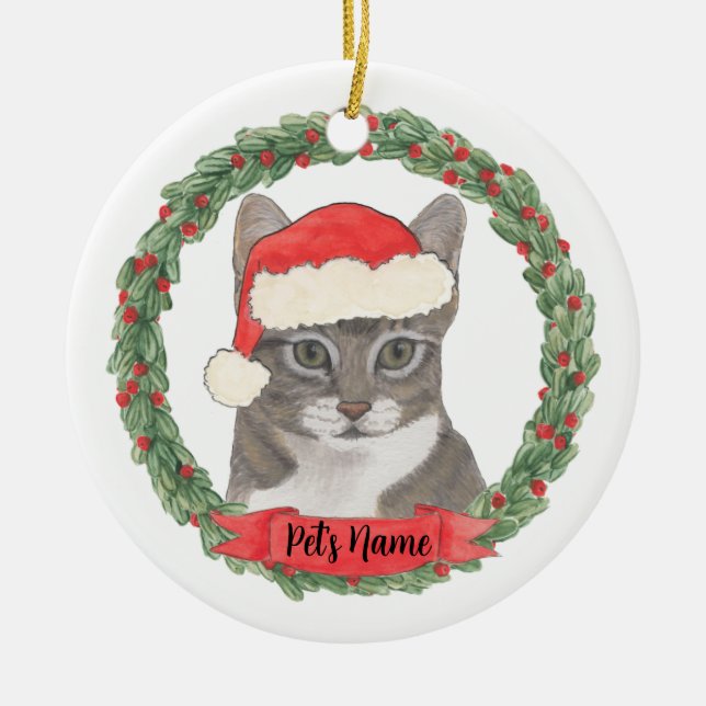 Personalized Grey Tabby Cat Santa Christmas Ceramic Ornament (Front)