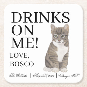 Personalized Grey Tabby Cat Wedding Square Paper Coaster