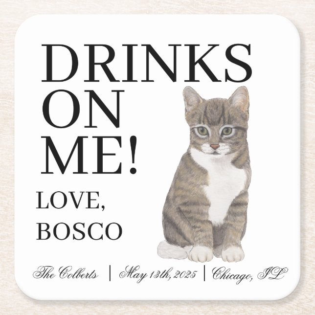 Personalized Grey Tabby Cat Wedding Square Paper Coaster (Front)