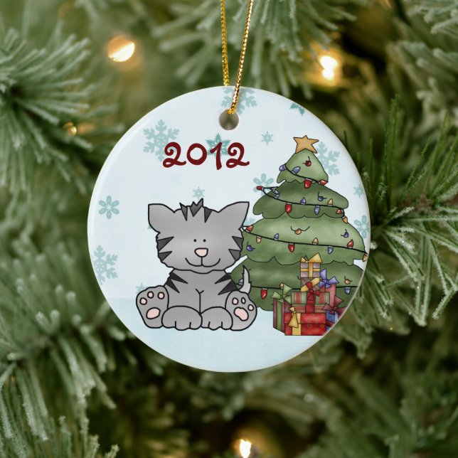 Personalized Grey Tiger Cat Baby's 1st Christmas Ceramic Ornament (Tree)