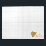 Personalized Grid Graph Paper Gold Heart Notepad<br><div class="desc">A simple modern minimalist design combining your name plus a cute faux glitter gold heart and a grid in pale gray. Just click customize to add additional text or pictures. Contact me with any questions or requests.</div>