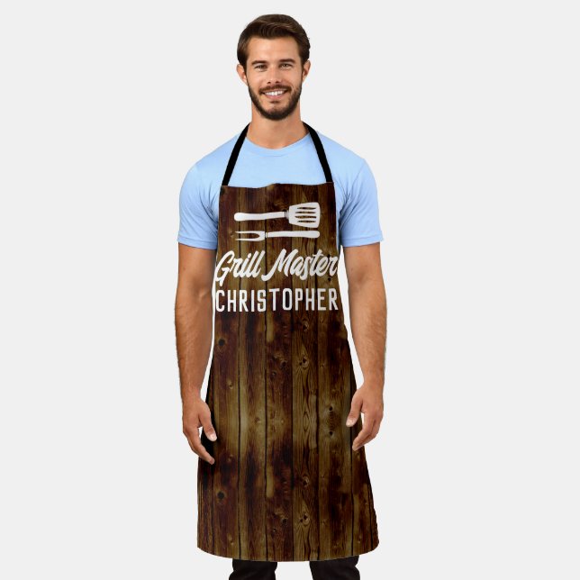 Personalized Grill Master BBQ Rustic Wood Chef Apron (Worn)