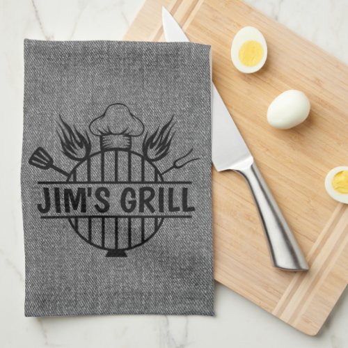 Personalized Grill Master Faux Denim Kitchen Towel