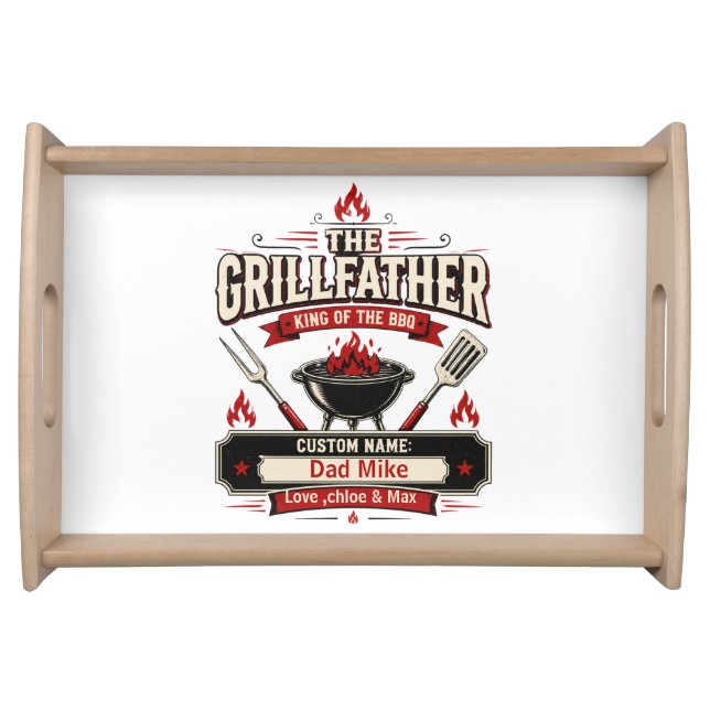 Personalized Grillfather BBQ Dad name Gift Serving Tray (Front)