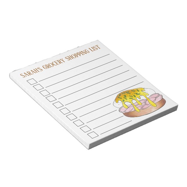 Personalized Grocery Shopping List Eggs Benedict Notepad (Angled)