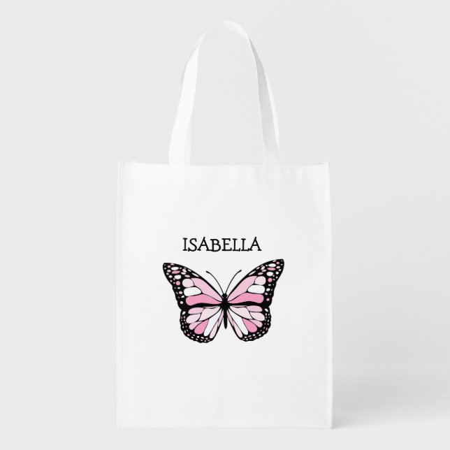 Personalized Grocery Tote Bag with Pink Butterfly (Front)