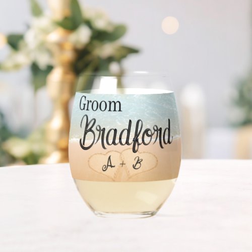 Personalized Groom Beach Wedding Hearts in Sand Stemless Wine Glass