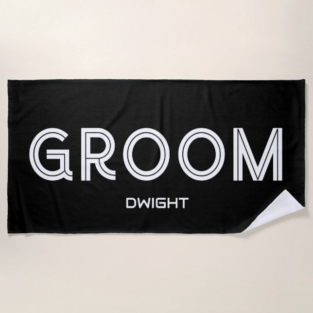 Personalized Groom Black White Modern Wedding Beach Towel (Front)